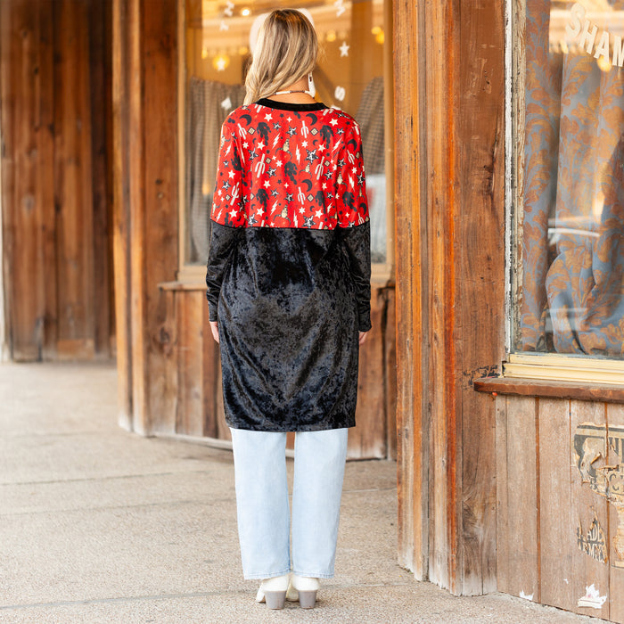 40028 - Western Print Velvet Cardigan with Pockets