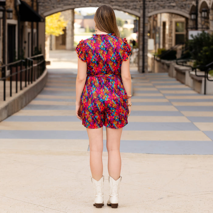 50065 - Leopard V-Neck Ruffle Sleeve Romper with Pockets