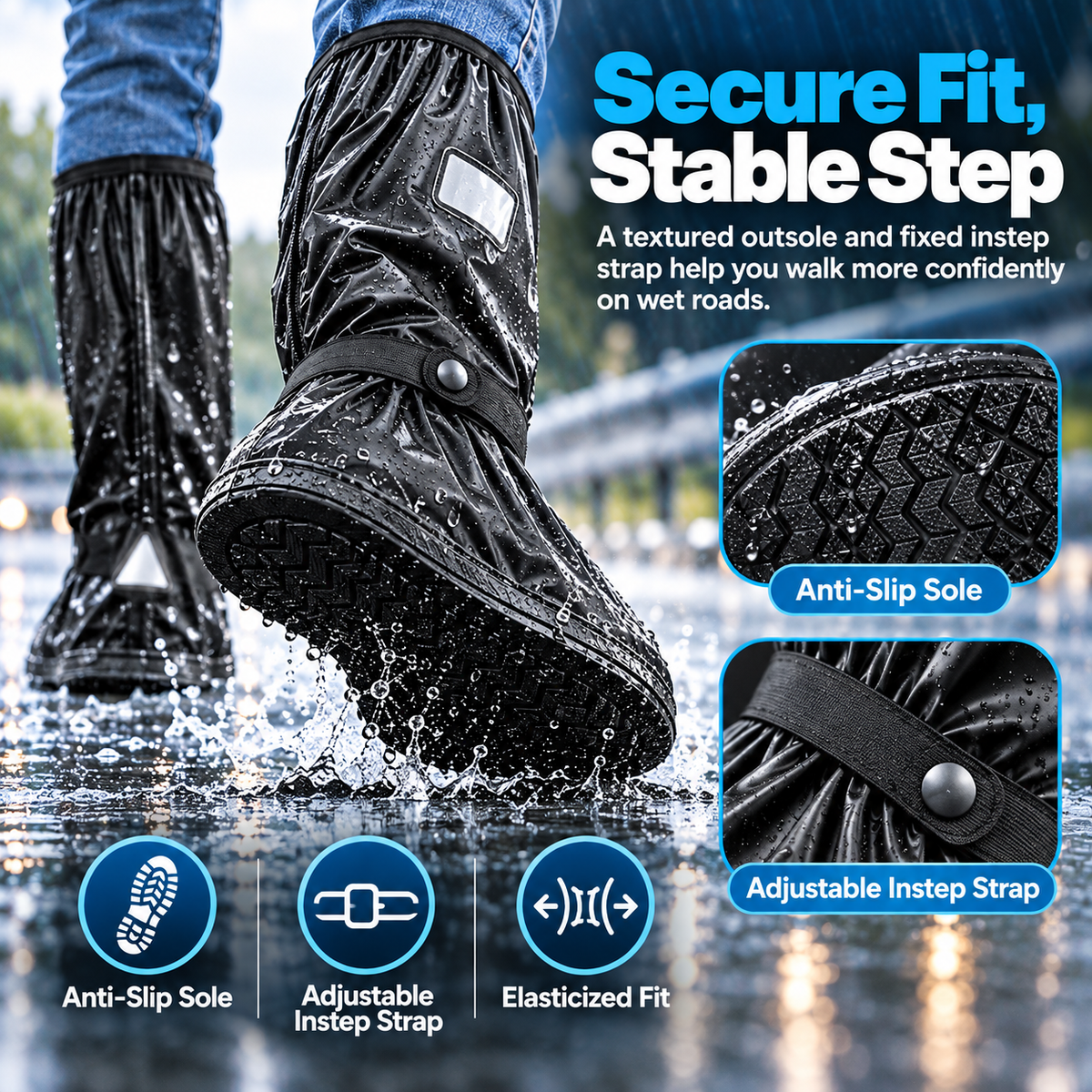 Waterproof Reusable Black Shoe Covers, Zipper Rain Boot Covers with Anti-Slip Sole, Reflective Safety for Cycling Hiking Commuting