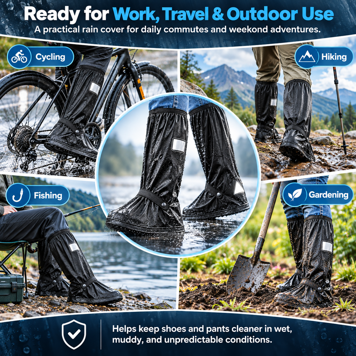 Waterproof Reusable Black Shoe Covers, Zipper Rain Boot Covers with Anti-Slip Sole, Reflective Safety for Cycling Hiking Commuting