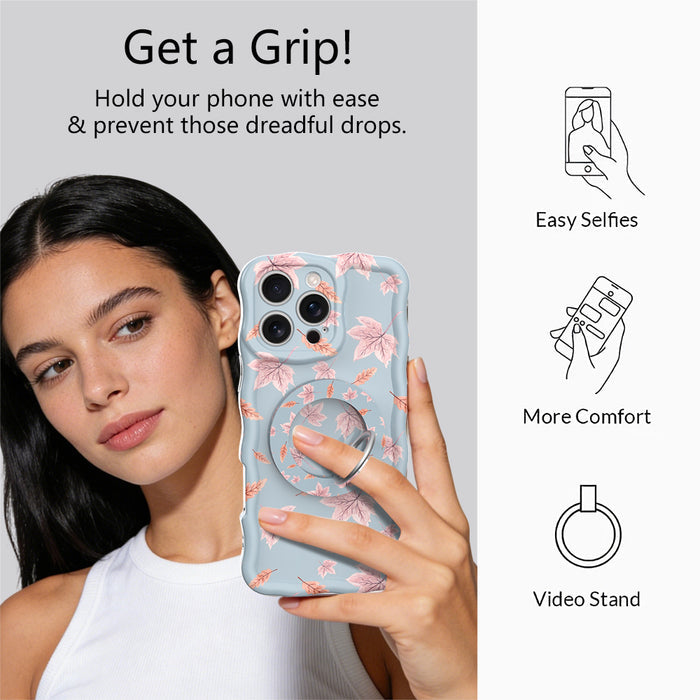 Get a Grip infographic for the Autumn Breeze MagSafe grip ring, showing a model holding her blue and blush maple leaf phone one-handed plus easy selfies, added comfort, and video stand uses.