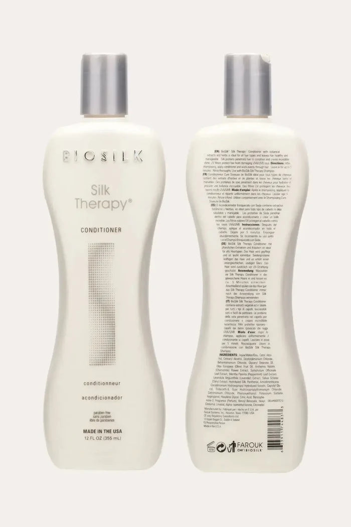 BioSilk Silk Therapy Professional Salon Conditioner 12 FL OZ (355 mL) - Front and Back Product View, Best Moisturizing Conditioner with Deep Conditioning with Herbal Extracts, Full Ingredients and Directions, Made in USA