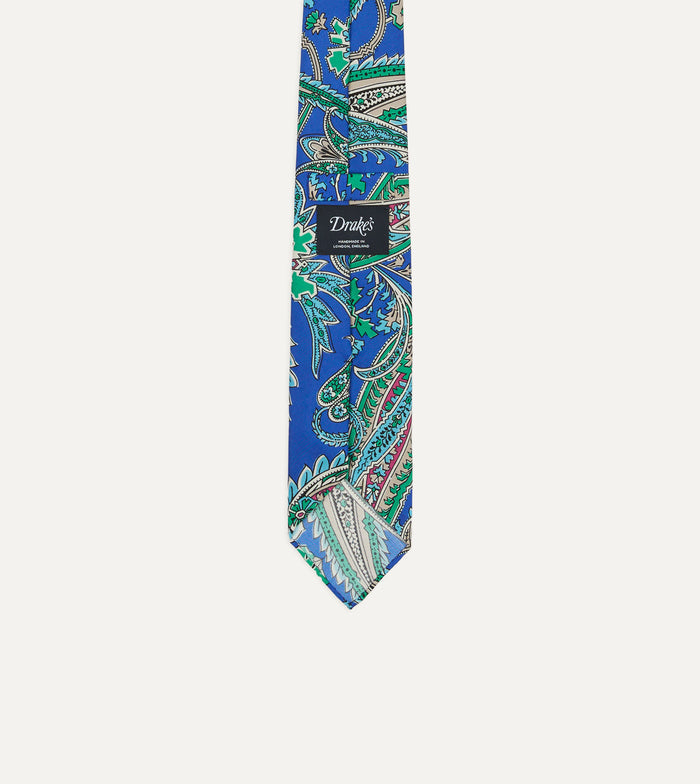 Blue Nouveau Leaves Shantung Silk Hand-Rolled Tie