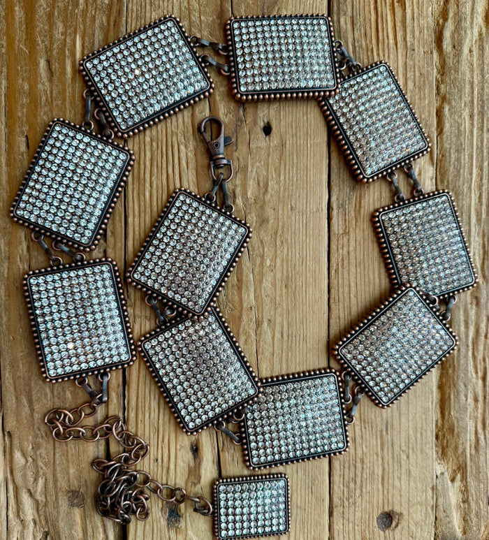 Clear Crystals on Rectangular Copper Concho Link Belt