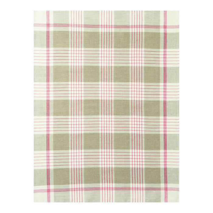 Plaid fabric with natural, red, and white pattern on a white background