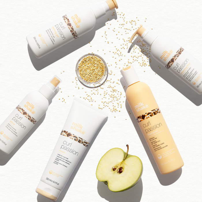 Hair care products with milk_shake 'curl passion' branding on a white background