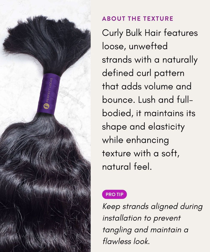 Perfect Locks Curly Bulk Hair for Braiding, shown with a purple band on a white surface, features loose, voluminous curls. Keep strands aligned for easy installation.