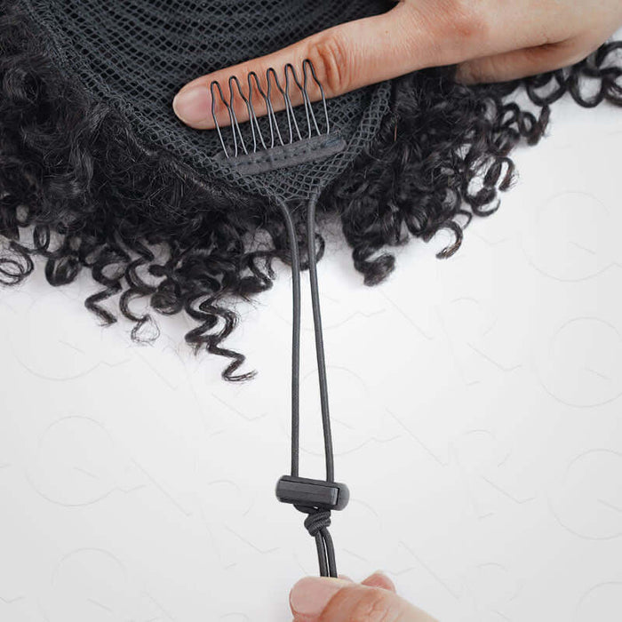 adjustable short curly drawstring ponytail hair extensions with bangs