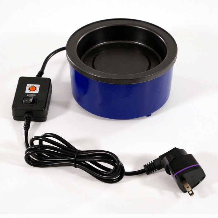 A blue electric pet water bowl with a black inner lining, attached power cord, control switch, and plug on a white background.