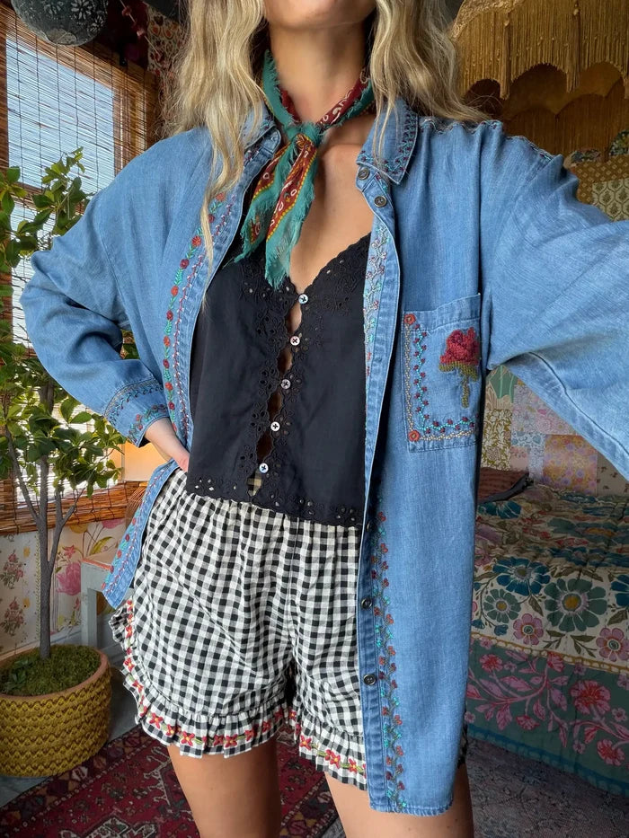 Get Up & Go Embroidered Cotton Shorts - Black Gingham-view 6