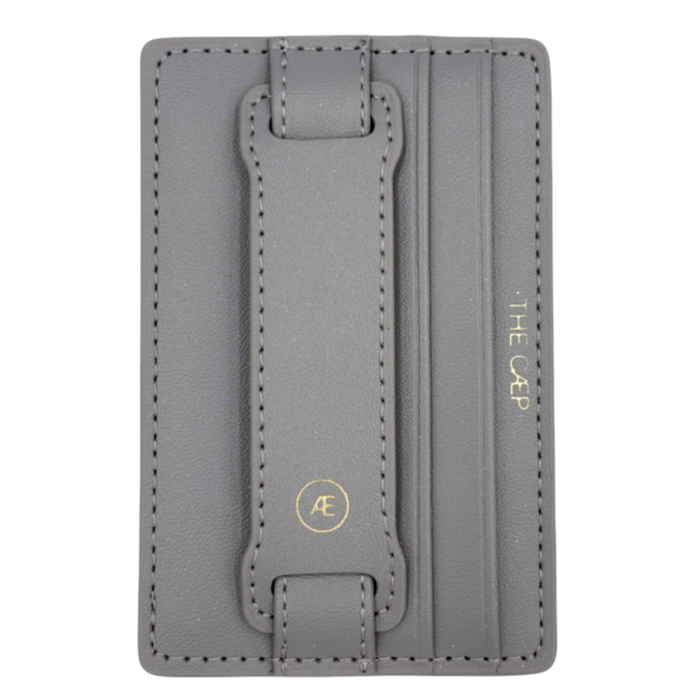 Gray cardholder with brand logo on a white background