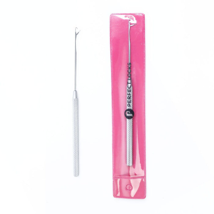 A silver hair extension tool with a textured handle, displayed loose and in pink and clear Perfect Locks packaging, rests on a white background.