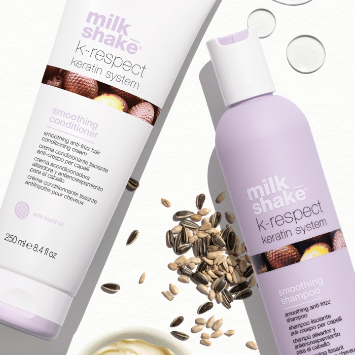 milk_shake hair care products with ingredients on a white background