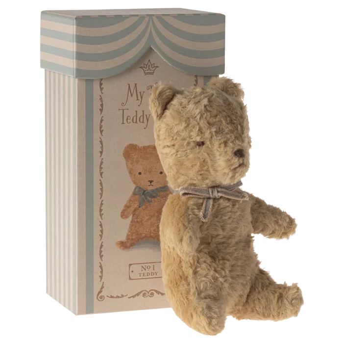 Stuffed teddy bear with a decorative box on a white background