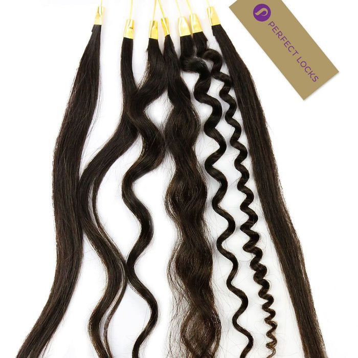 Six strands of dark brown Perfect Locks™ Hair Texture Ring extensions, from straight to tight curls, are shown. A tan Perfect Locks tag is in the upper right corner.