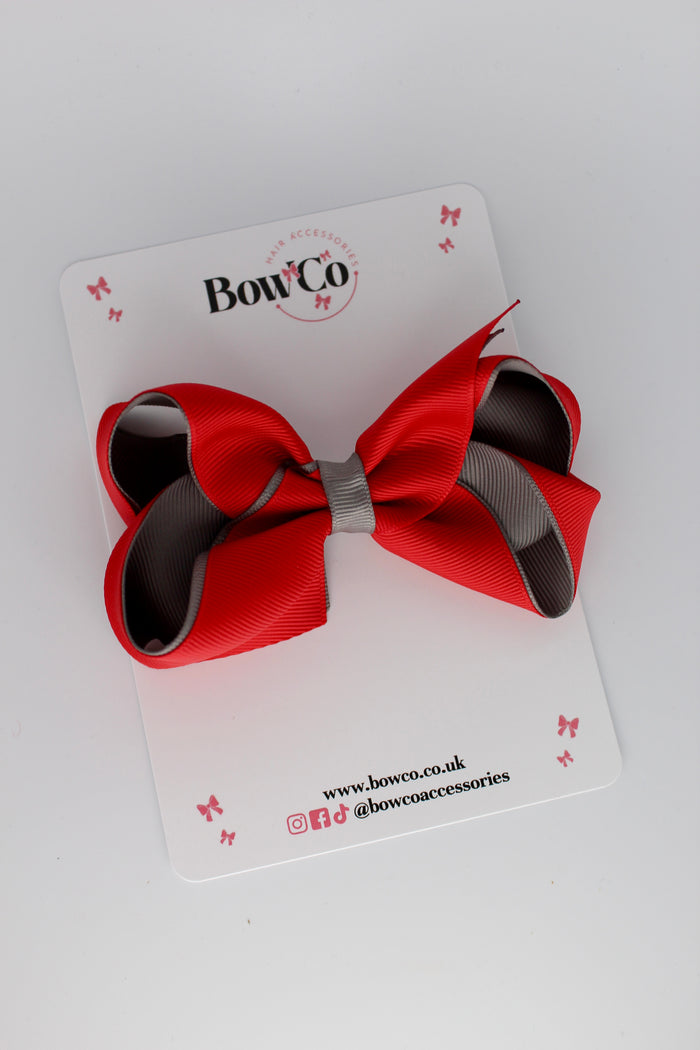 School Bow Red and Metal Grey - Loop Bow - Clip