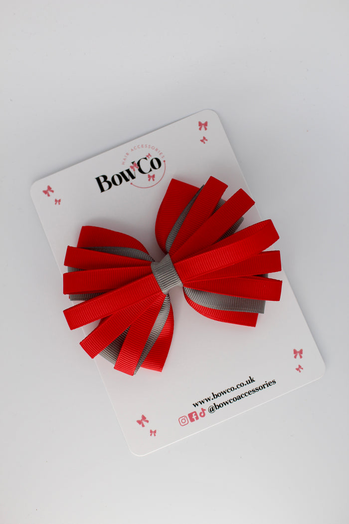 School Bow Red and Metal Grey - Spiral Bow - Clip
