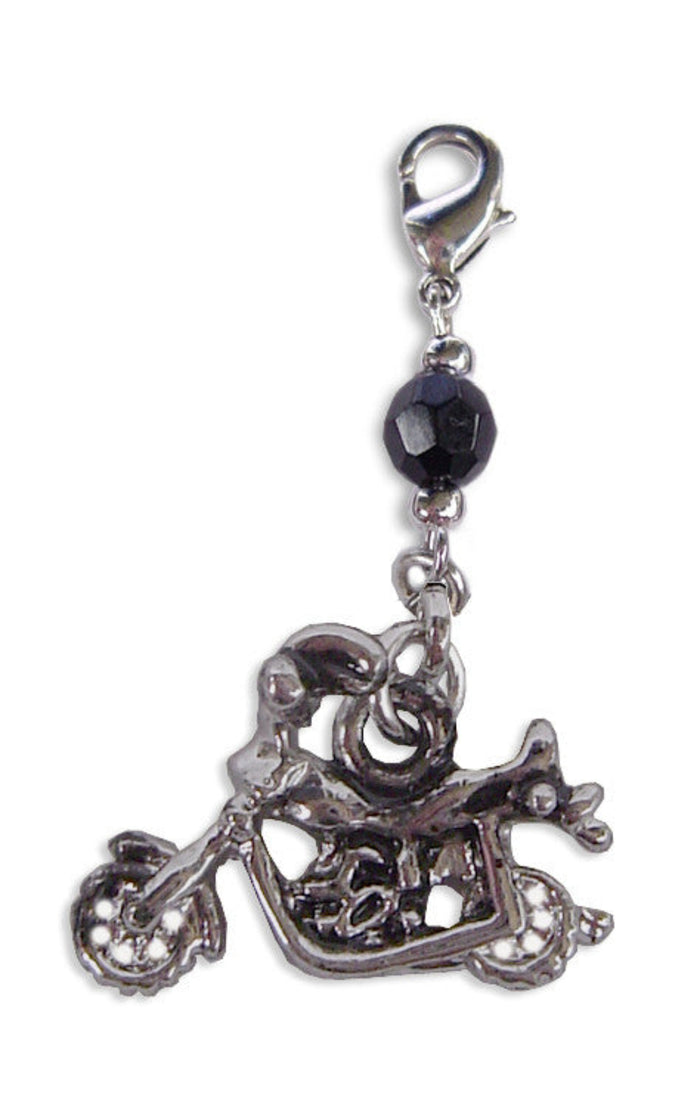 Silver motorcycle charm with black faceted bead and lobster clasp