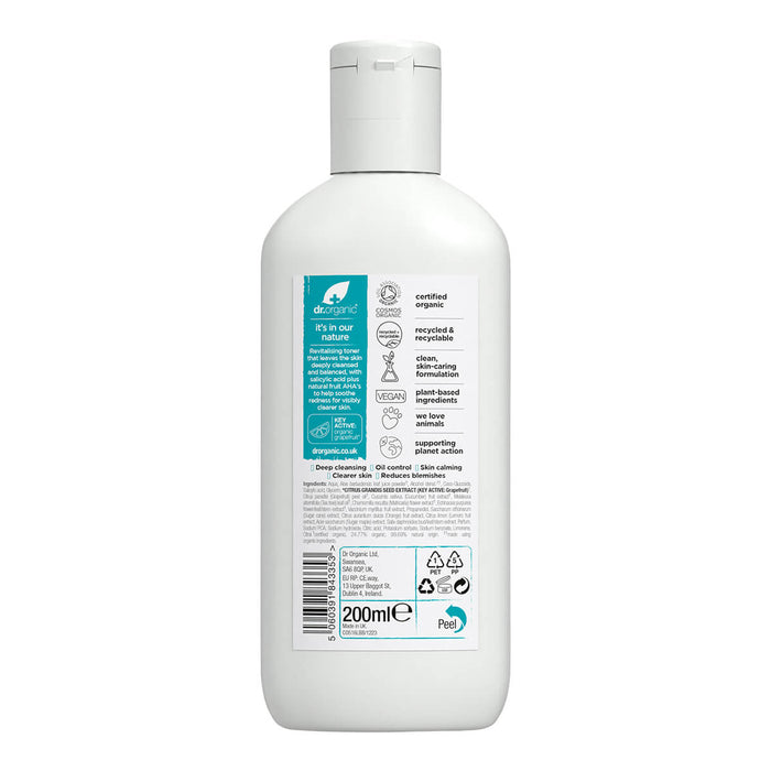 Back of 200ml bottle Dr. Organic Skin Clear Purifying Toner with grapefruit extract and salicylic acid.