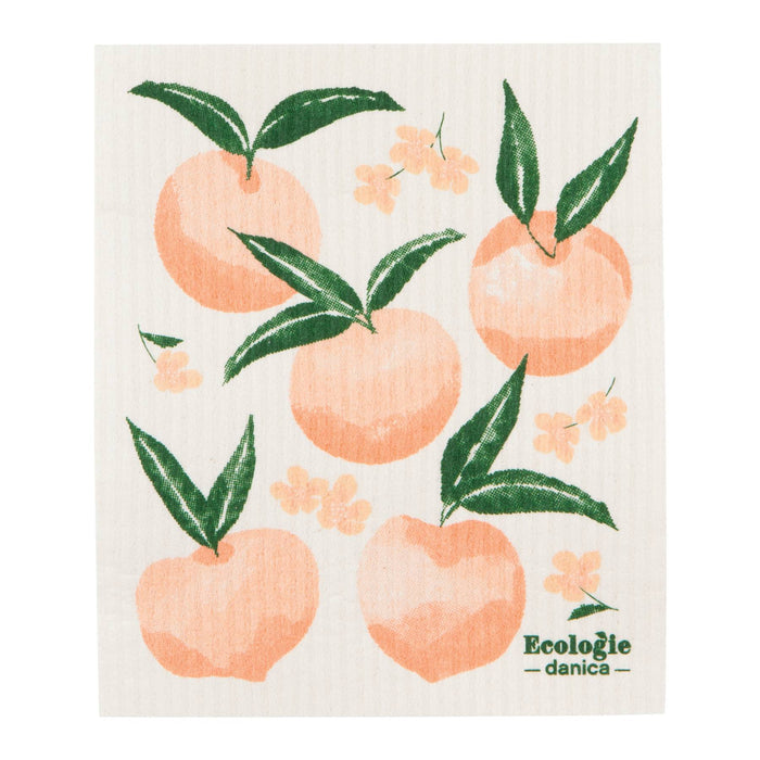 Swedish dishcloth with peach design and 'EcoLogie danica' branding on a white background