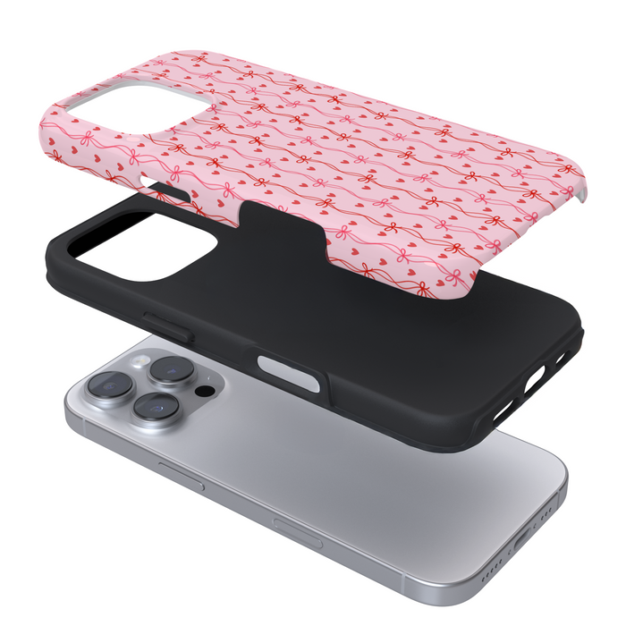Expanded view of a pink phone case with a red wavy stripe pattern on a white background
