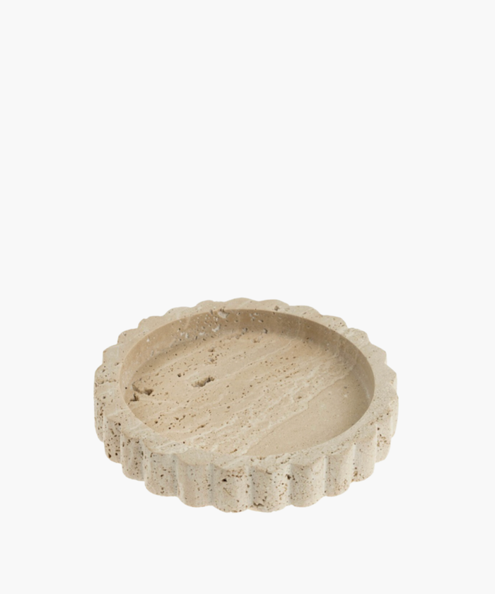 A round, beige stone tray with a scalloped edge design, featuring a textured surface. It conveys a natural, rustic aesthetic, ideal for home decor. | SW Home