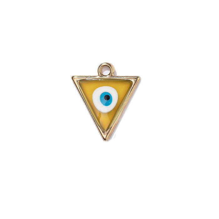 Triangular pendant with an evil eye design on a white background