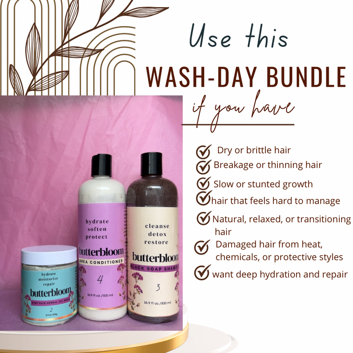 Butterbloom Wash Day Bundle 3 with shampoo, conditioner, and body wash bottles on a clean bathroom shelf.