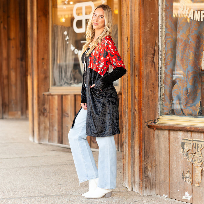 40028 - Western Print Velvet Cardigan with Pockets