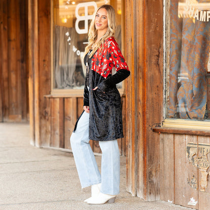 40028 - Western Print Velvet Cardigan with Pockets