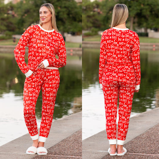 40078 - Christmas Print HO HO HO Pajama Set with Pockets