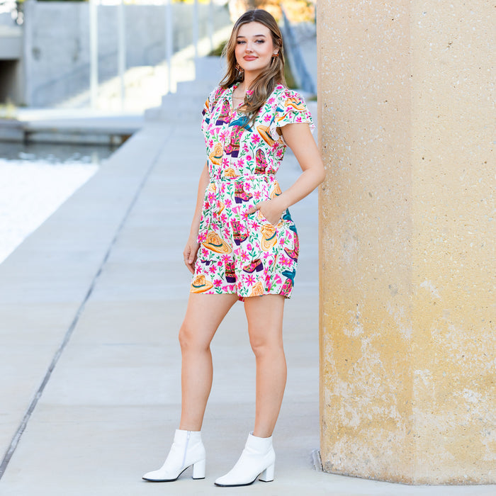 50006 - Ruffle Sleeves Floral and Western Print Romper with Pockets