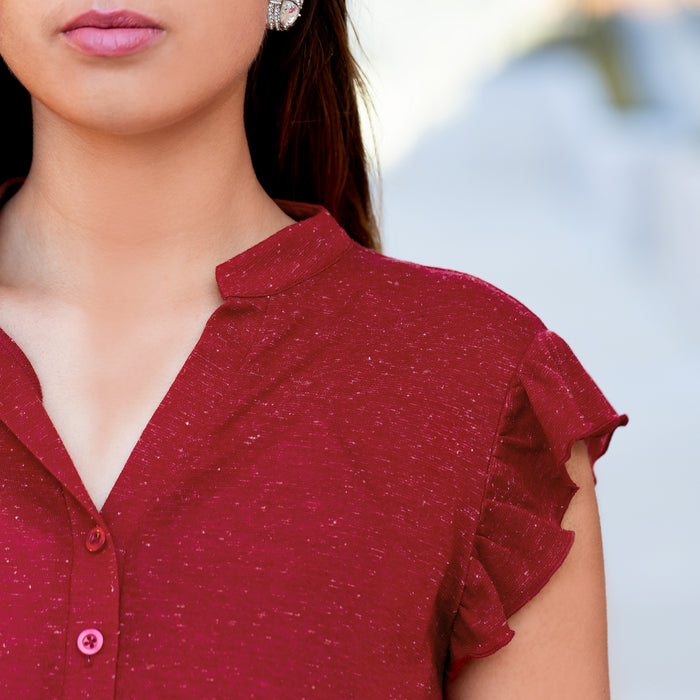 50048 - V-Neck Ruffle Sleeve Romper with Pockets -Burgundy