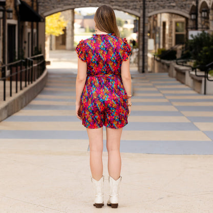 50065 - Leopard V-Neck Ruffle Sleeve Romper with Pockets