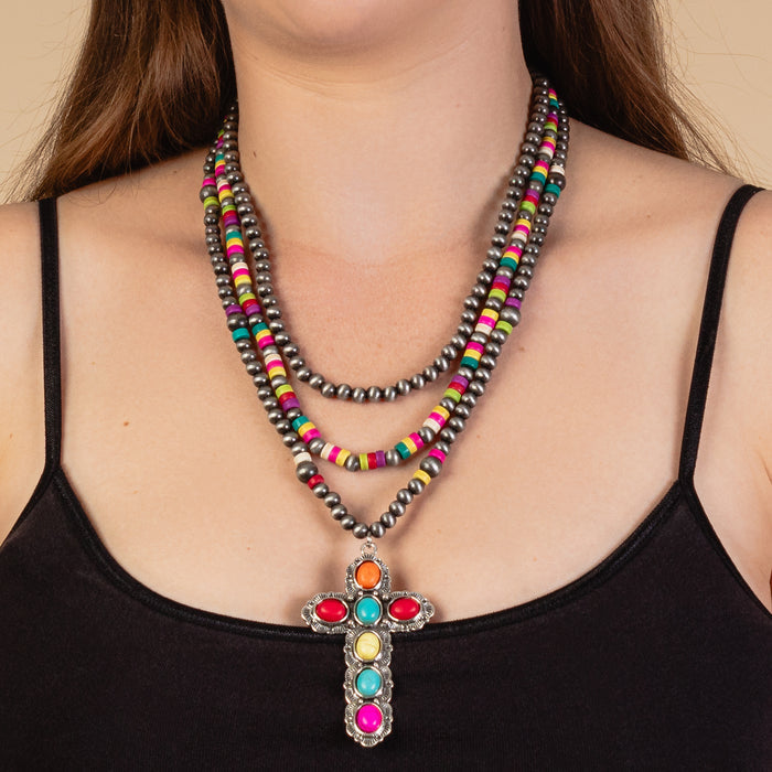 92026 - Squash Blossom Cross Necklace - Multi