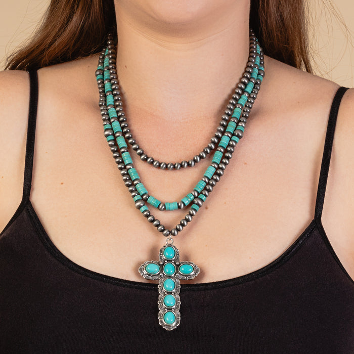 92026 - Squash Blossom Cross Necklace - Turquoise & Silver