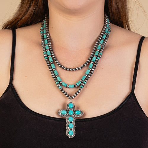 92026 - Squash Blossom Cross Necklace - Turquoise & Silver