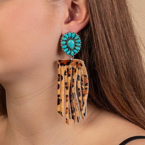 93207 - Squash Blossom Tassel Earrings - Turquoise & Leopard