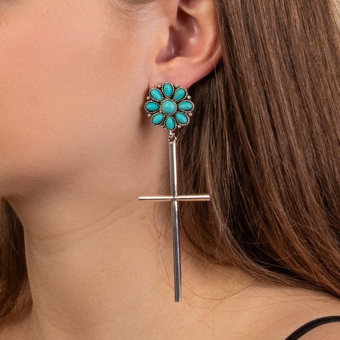 93243 - Squash Blossom Cross Earrings - Turquoise & Silver