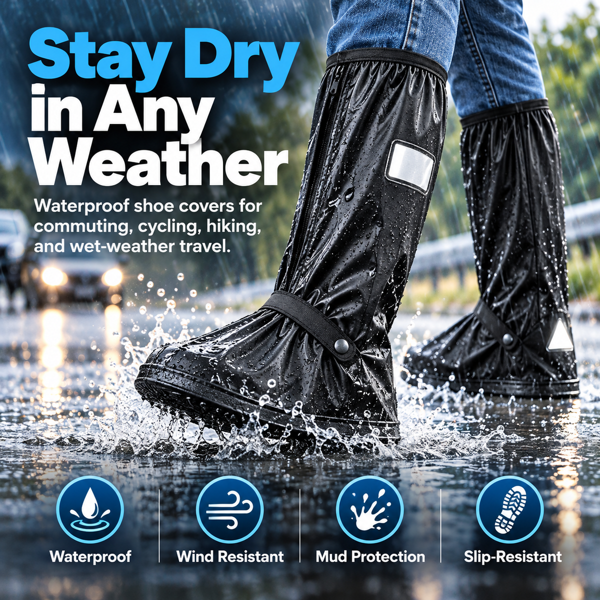 Waterproof Reusable Black Shoe Covers, Zipper Rain Boot Covers with Anti-Slip Sole, Reflective Safety for Cycling Hiking Commuting
