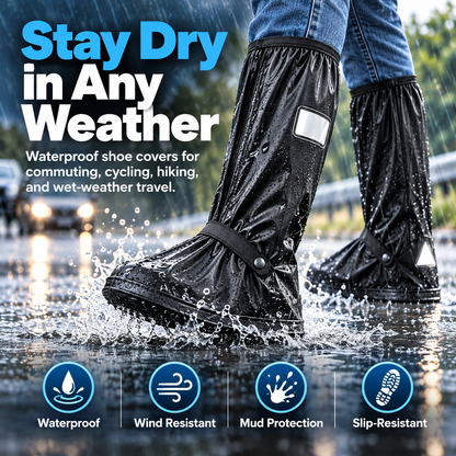 Waterproof Reusable Black Shoe Covers, Zipper Rain Boot Covers with Anti-Slip Sole, Reflective Safety for Cycling Hiking Commuting
