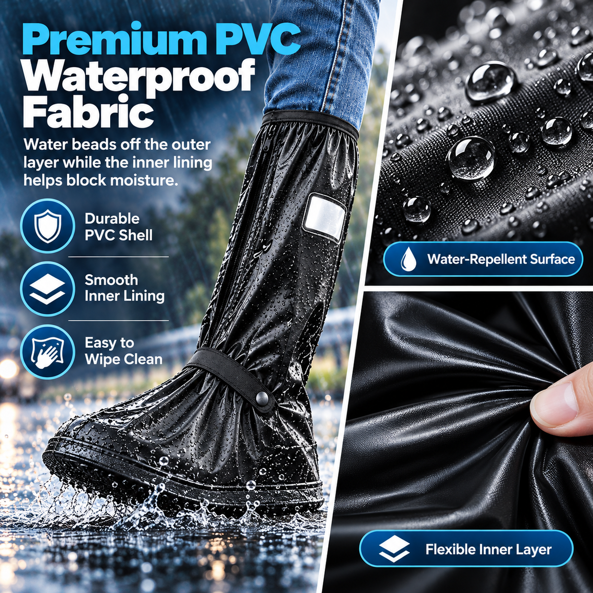 Waterproof Reusable Black Shoe Covers, Zipper Rain Boot Covers with Anti-Slip Sole, Reflective Safety for Cycling Hiking Commuting