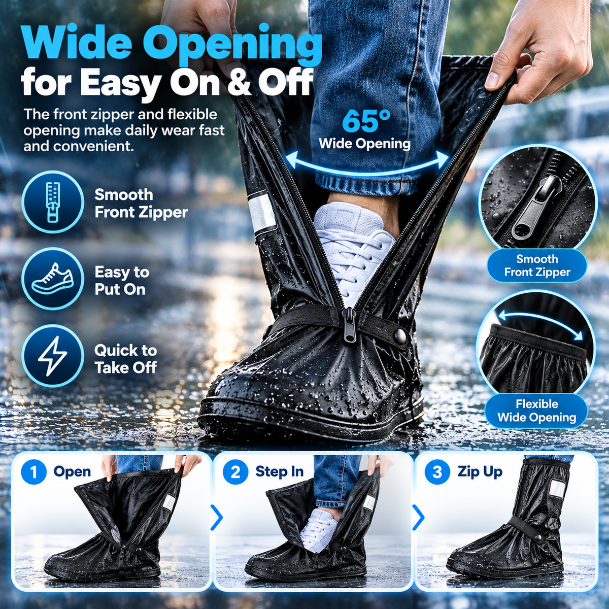 Waterproof Reusable Black Shoe Covers, Zipper Rain Boot Covers with Anti-Slip Sole, Reflective Safety for Cycling Hiking Commuting