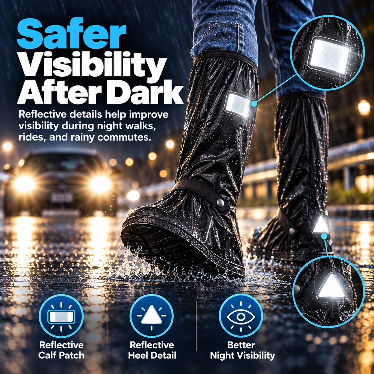 Waterproof Reusable Black Shoe Covers, Zipper Rain Boot Covers with Anti-Slip Sole, Reflective Safety for Cycling Hiking Commuting