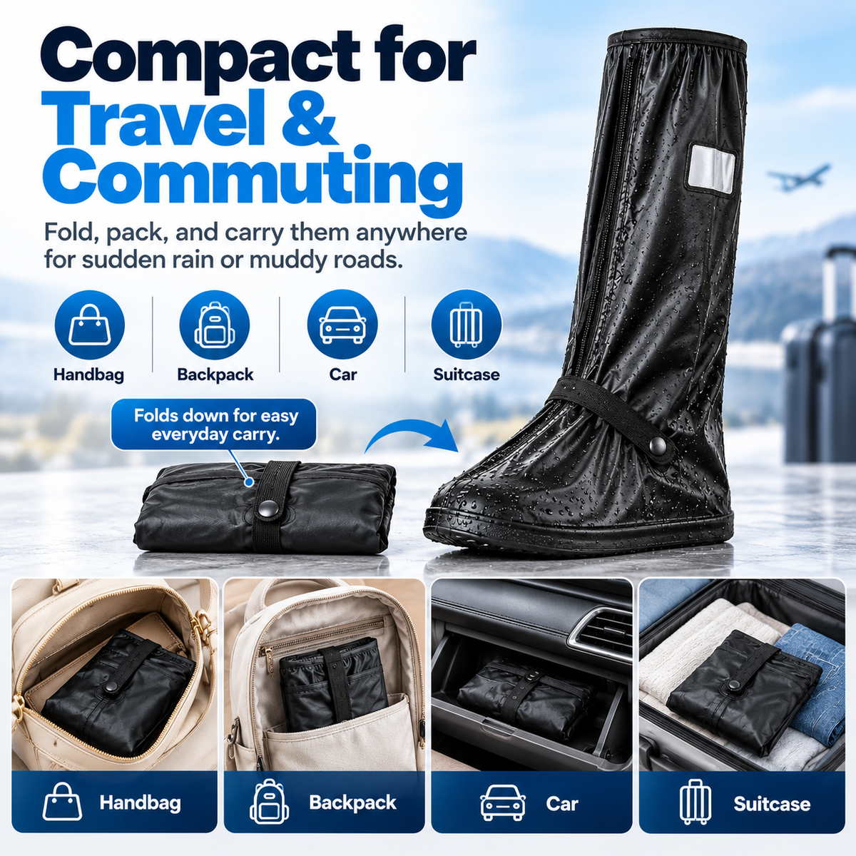 Waterproof Reusable Black Shoe Covers, Zipper Rain Boot Covers with Anti-Slip Sole, Reflective Safety for Cycling Hiking Commuting