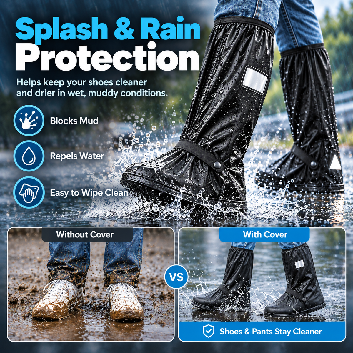 Waterproof Reusable Black Shoe Covers, Zipper Rain Boot Covers with Anti-Slip Sole, Reflective Safety for Cycling Hiking Commuting