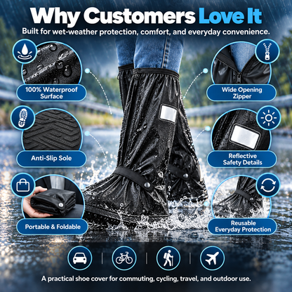 Waterproof Reusable Black Shoe Covers, Zipper Rain Boot Covers with Anti-Slip Sole, Reflective Safety for Cycling Hiking Commuting