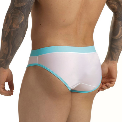 Active White Blue Swim Brief vista frontal de Gigo Underwear