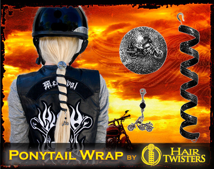 Model wearing Adjustable Biker Ponytail Wrap – 6" Black Leather biker style