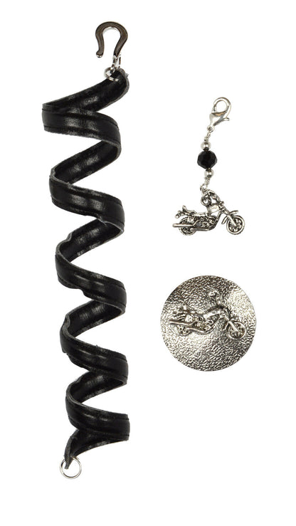 Adjustable 6-inch black leather biker ponytail wrap with motorcycle charm and snap closure